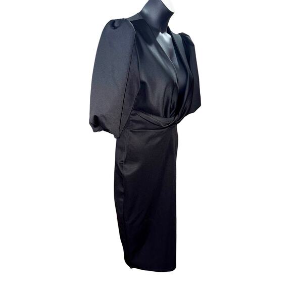 Boohoo Balloon Sleeve Twist Detail Black Midi Dress night out gothcore SZ US 12 - Picture 5 of 8